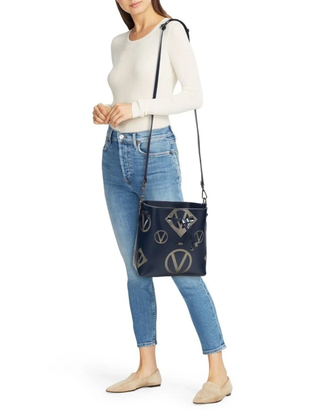 Valentino by Mario Valentino Logo Leather Bucket Crossbody Shoulder Bag Blue